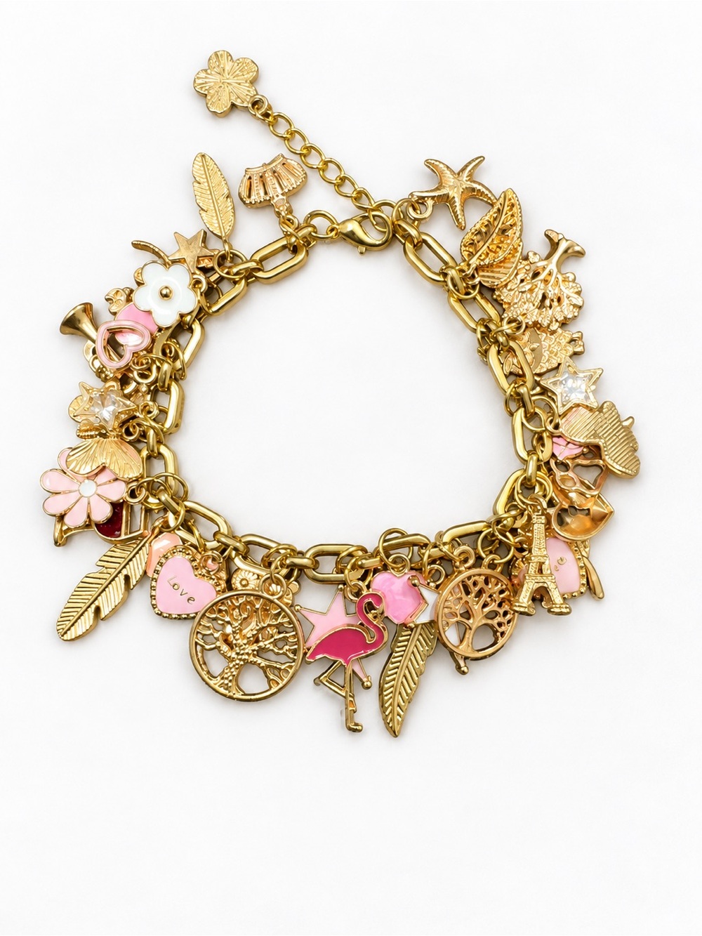Gold-Tone Pink Enamel Charm Bracelet for Women